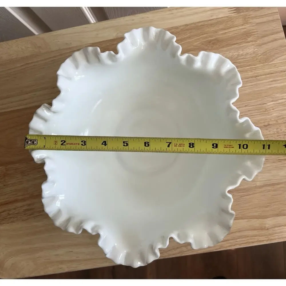 FENTON Vintage Milk Glass Round Hob Nail Double Crimped Ruffle Edge Lg Bowl 11